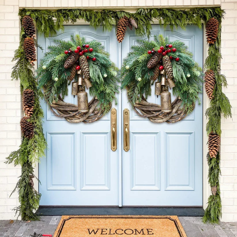 Boho Christmas Wreath with Pinecones, Berries & Golden Bells - product view 7