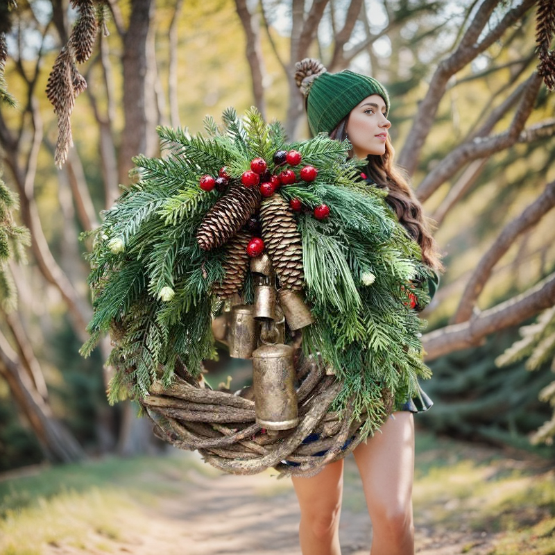 Boho Christmas Wreath with Pinecones, Berries & Golden Bells - product view 2