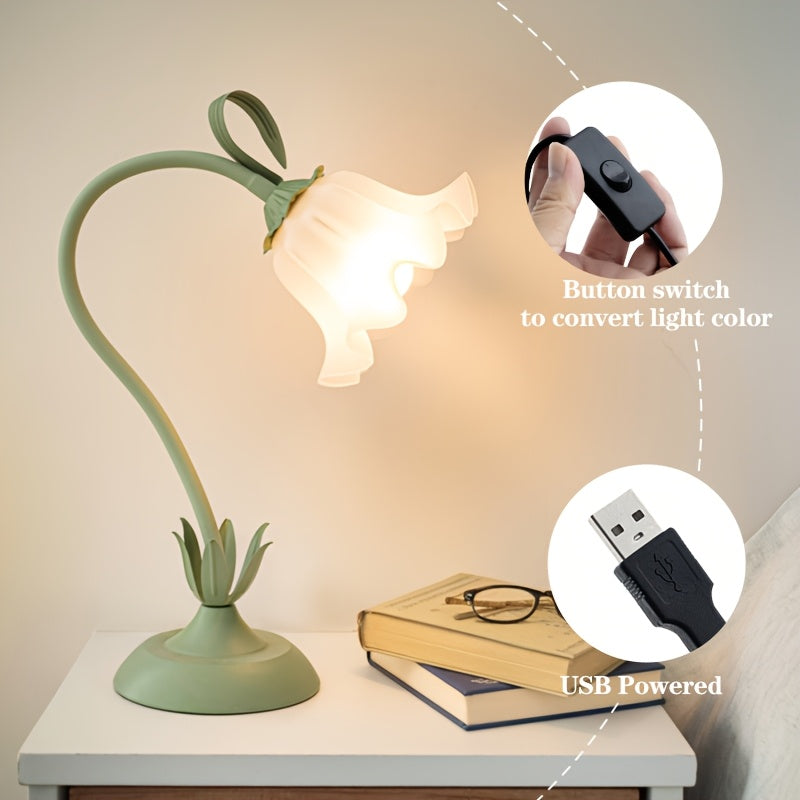 Floral USB Table Lamp, Green Bloom-Shade Decorative Light - product view 5