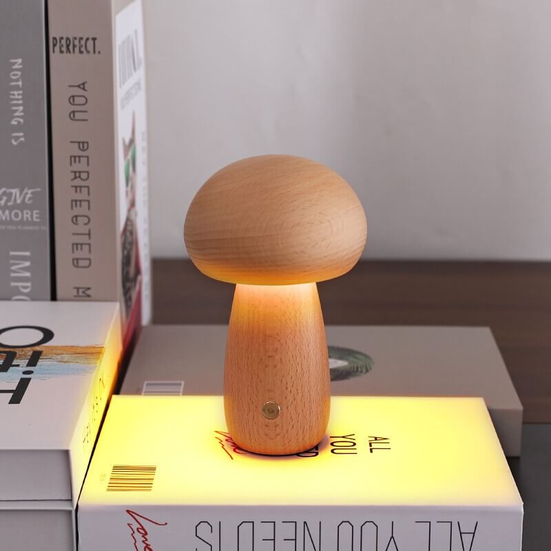 Wood Mushroom Night Light, USB Rechargeable Touch-Dimming Lamp - Wood, 10 cm (W) × 16.5 cm (H)