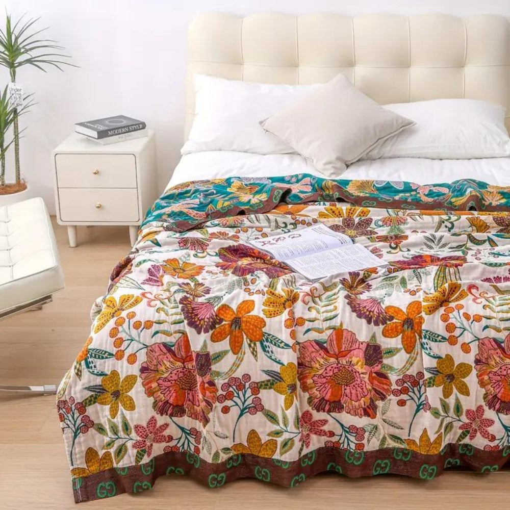 Floral Cotton Throw Blanket, Reversible Jacquard Bed and Sofa Cover — product view 6