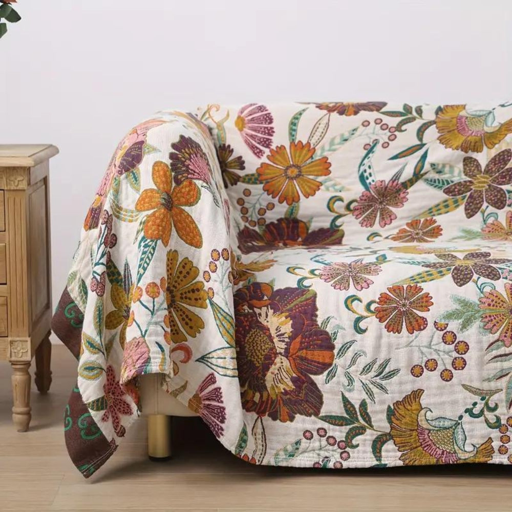 Floral Cotton Throw Blanket, Reversible Jacquard Bed and Sofa Cover — product view 3