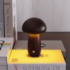 Wood Mushroom Night Light, USB Rechargeable Touch-Dimming Lamp - Walnut, 10 cm (W) × 16.5 cm (H)
