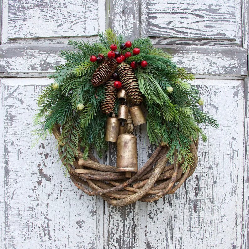 Boho Christmas Wreath with Pinecones, Berries & Golden Bells - product view 1