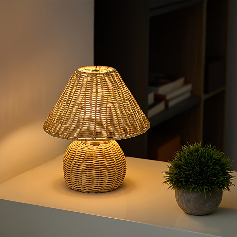 Woven Bamboo Table Lamp, USB-Powered Boho Bedside Light - product view 1