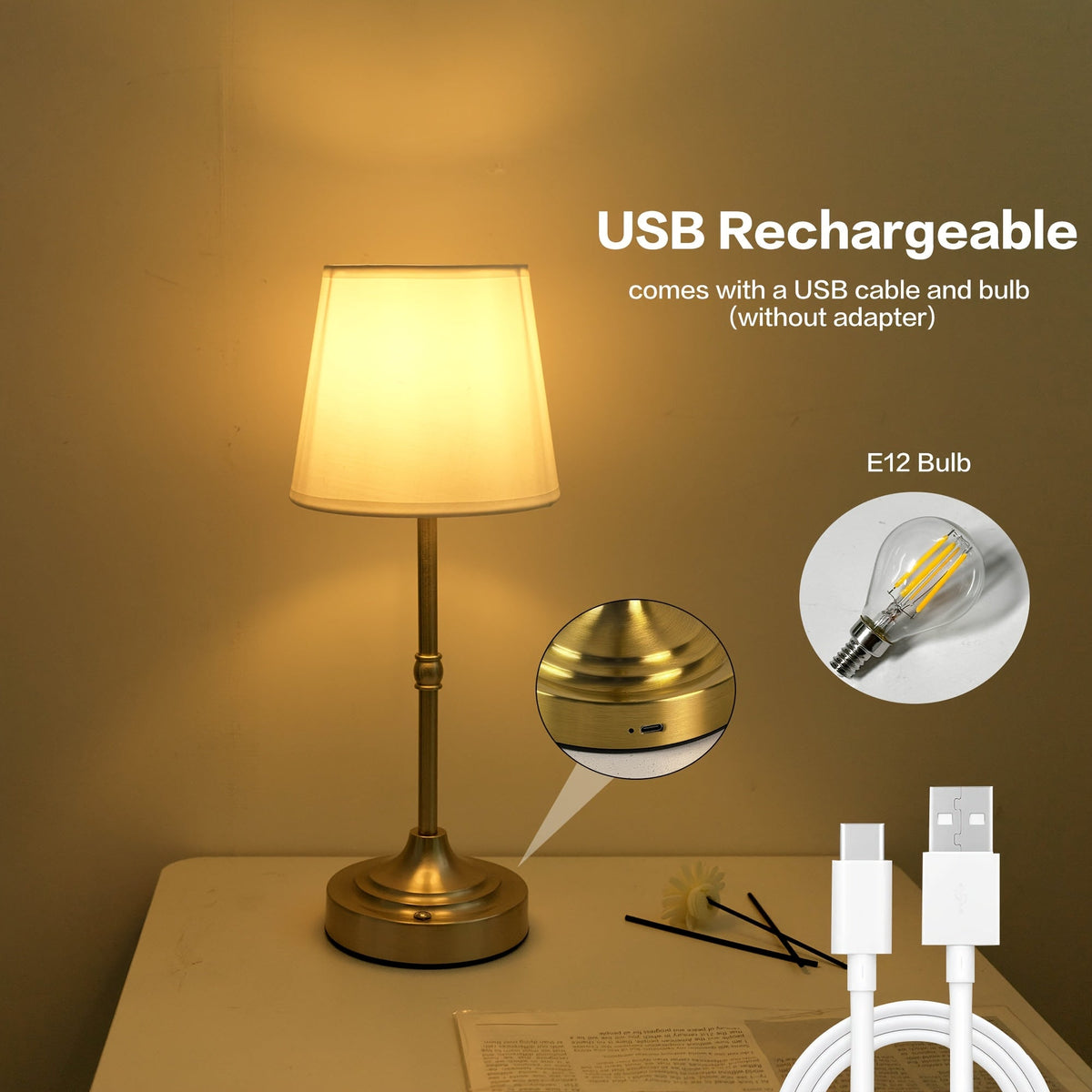 Cordless Fabric-Shade Table Lamp, USB Rechargeable and Dimmable - product view 9