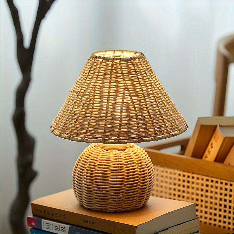 Woven Bamboo Table Lamp, USB-Powered Boho Bedside Light - product view 3