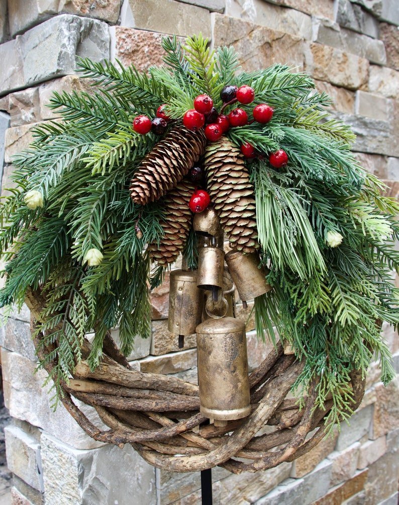 Boho Christmas Wreath with Pinecones, Berries & Golden Bells - product view 5