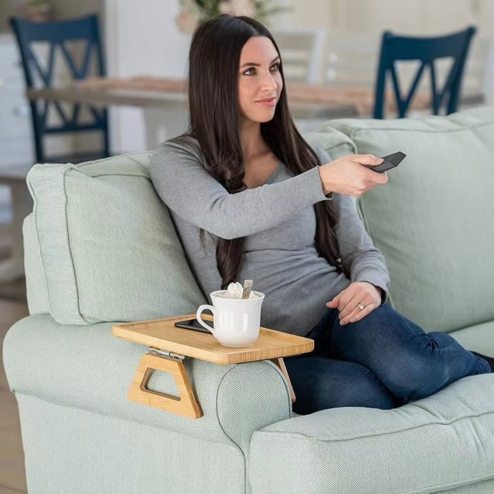 Bamboo Sofa Arm Tray, Adjustable Clip-On Couch Table — product view 6