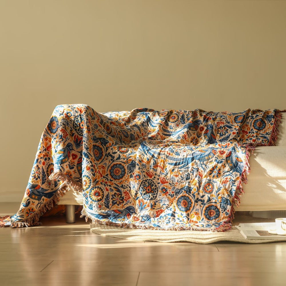 Bird and Floral Cotton Throw Blanket, Breathable Double Gauze — product view 2