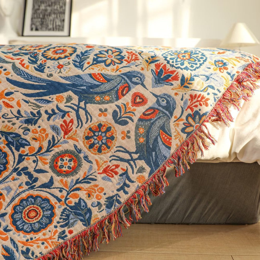 Bird and Floral Cotton Throw Blanket, Breathable Double Gauze — product view 3