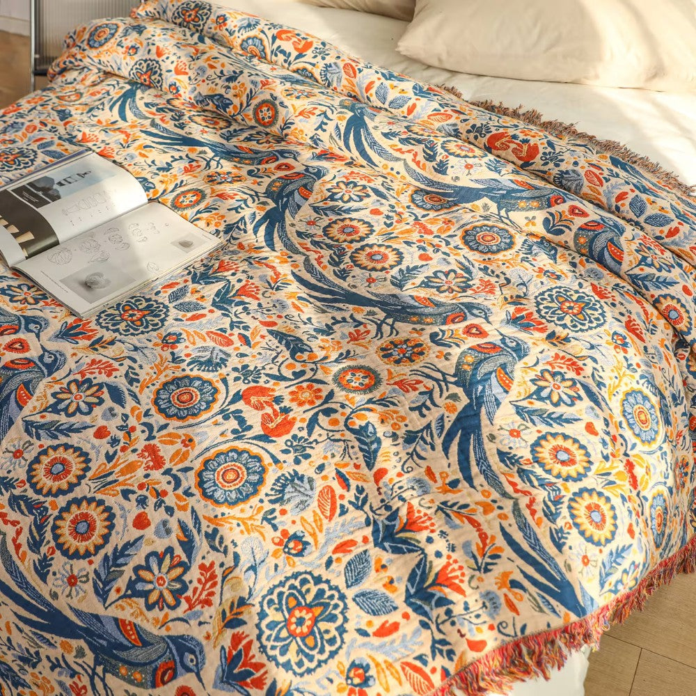 Bird and Floral Cotton Throw Blanket, Breathable Double Gauze — product view 1
