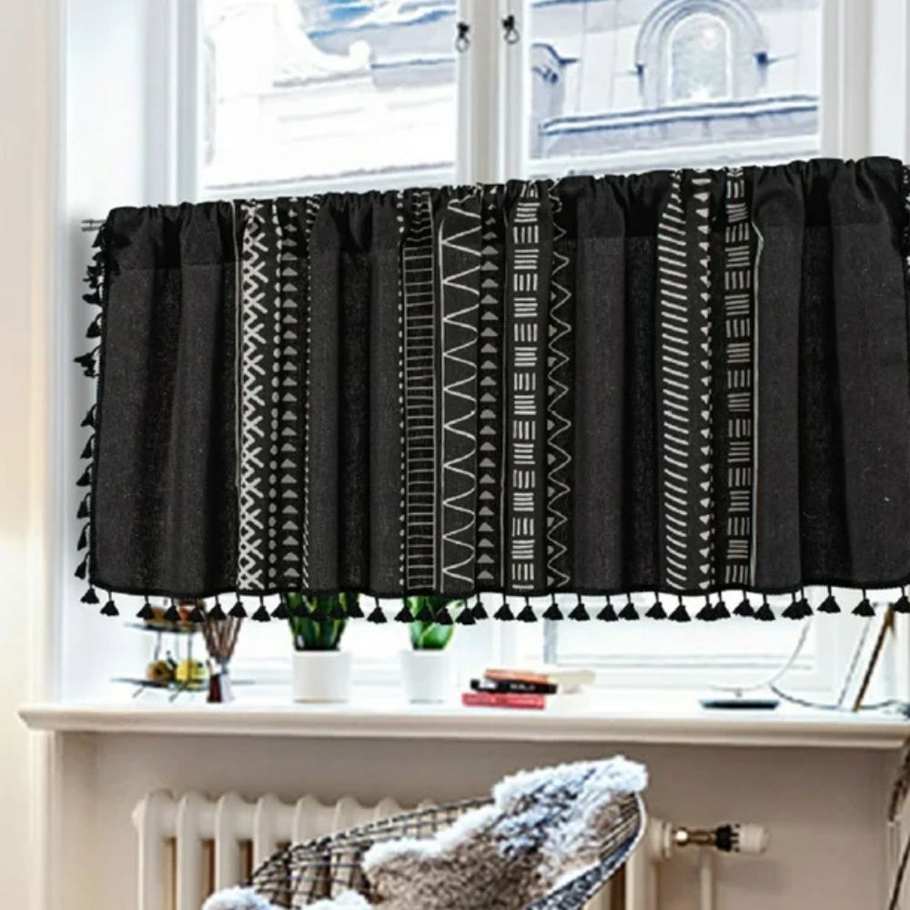 Black Geometric Cabinet Curtain, Tassel Rod-Pocket Panel — product view 1