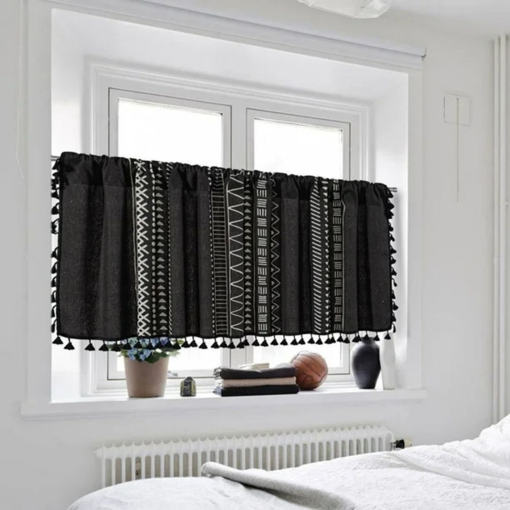 Black Geometric Cabinet Curtain, Tassel Rod-Pocket Panel — product view 7