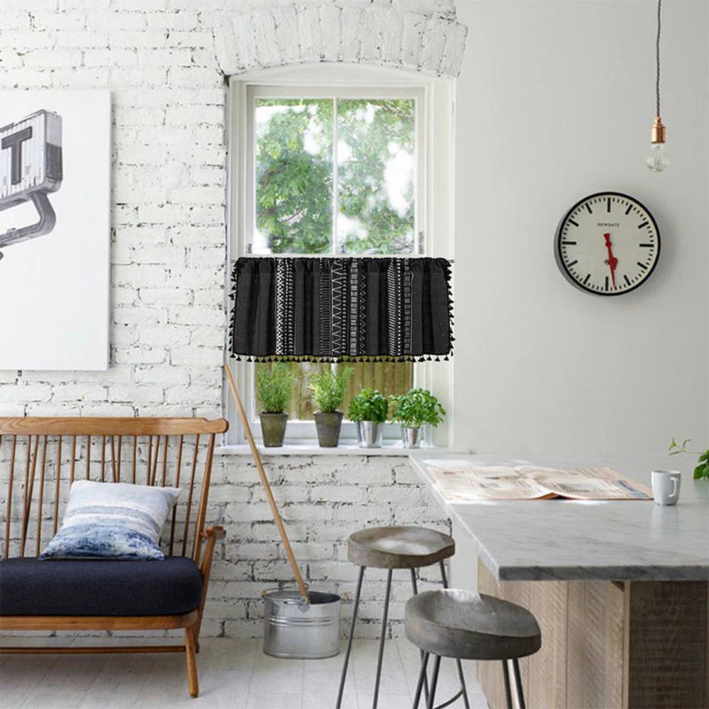 Black Geometric Cabinet Curtain, Tassel Rod-Pocket Panel — product view 4
