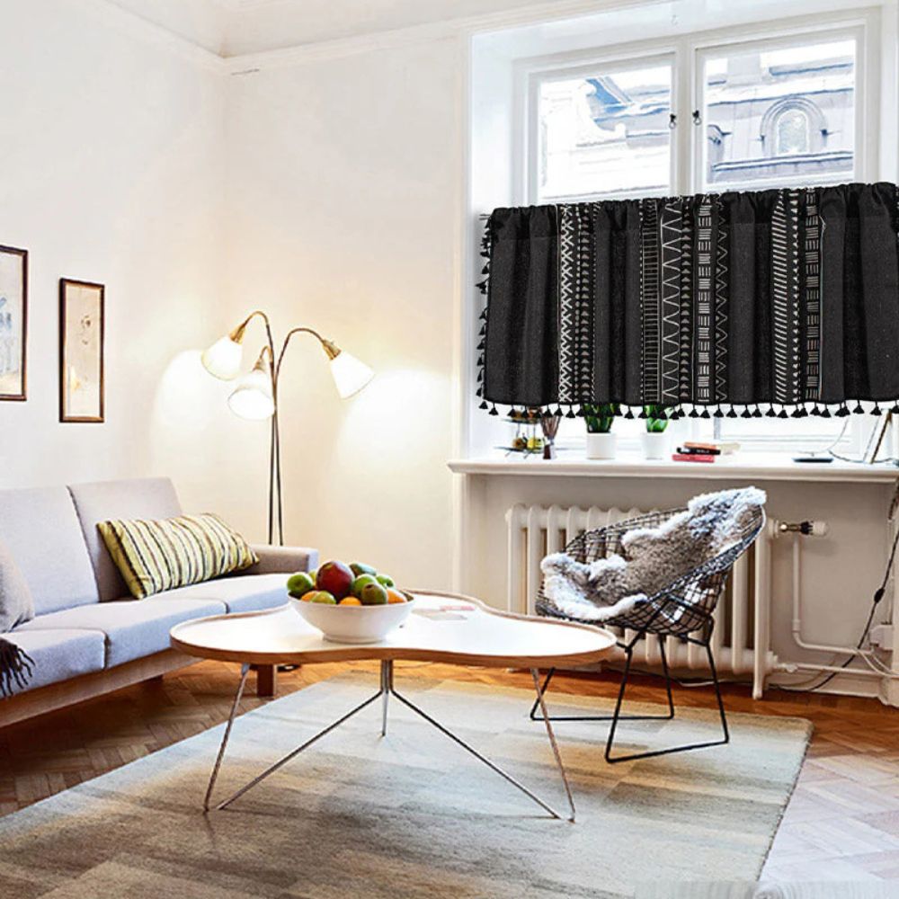 Black Geometric Cabinet Curtain, Tassel Rod-Pocket Panel — product view 5