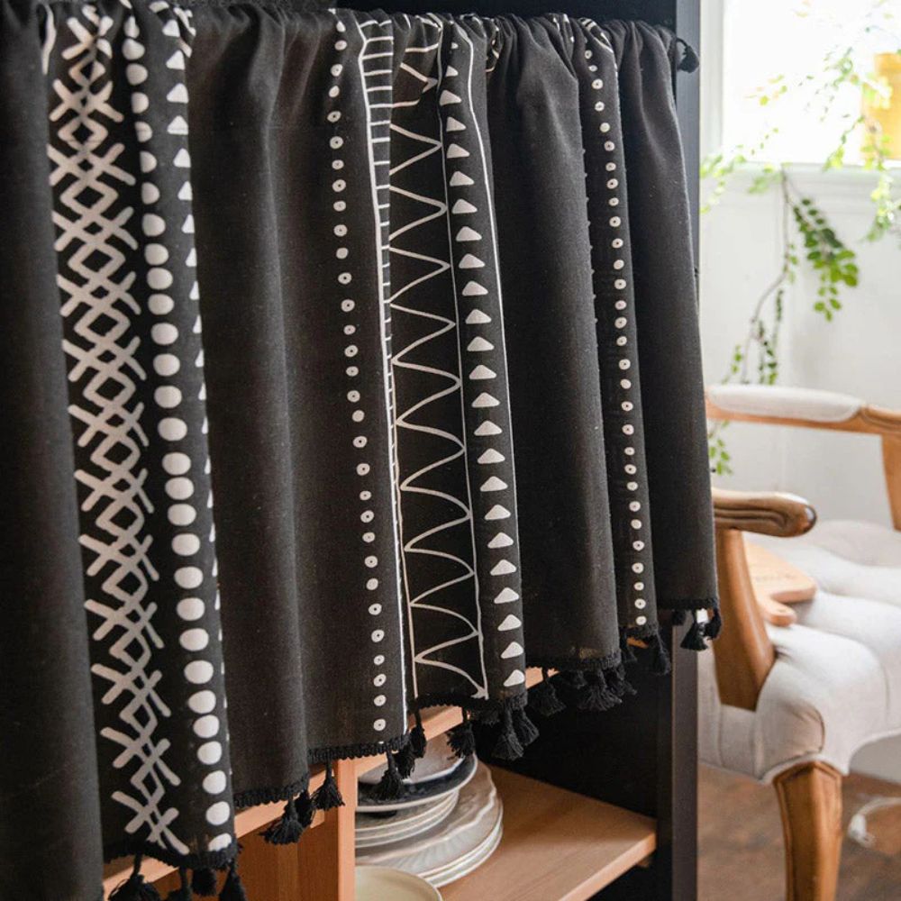 Black Geometric Cabinet Curtain, Tassel Rod-Pocket Panel — product view 2