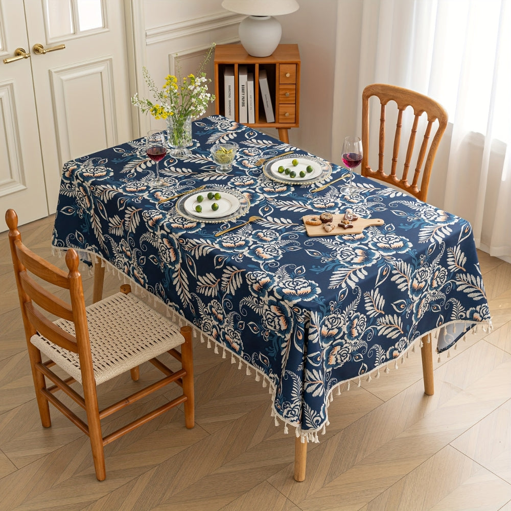 Boho Floral Tassel Tablecloth, Woven Dining Table Cover — product view 1