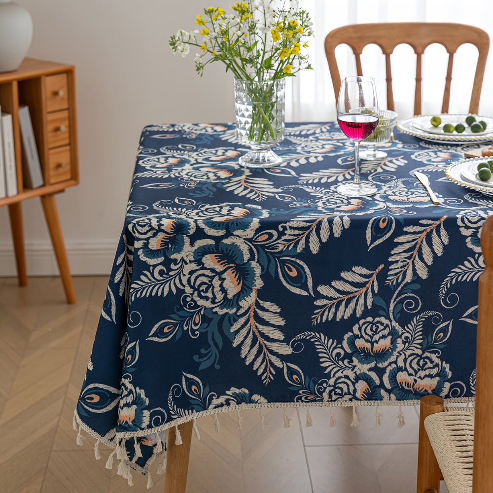 Boho Floral Tassel Tablecloth, Woven Dining Table Cover — product view 3