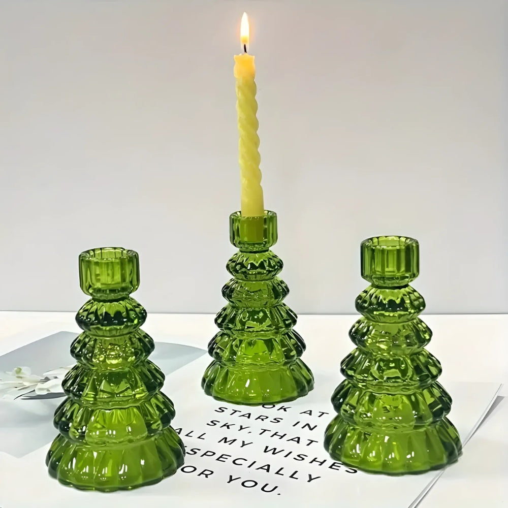 Christmas Tree Glass Candle Holders, Set of 3 Holiday Table Decor — product view 5