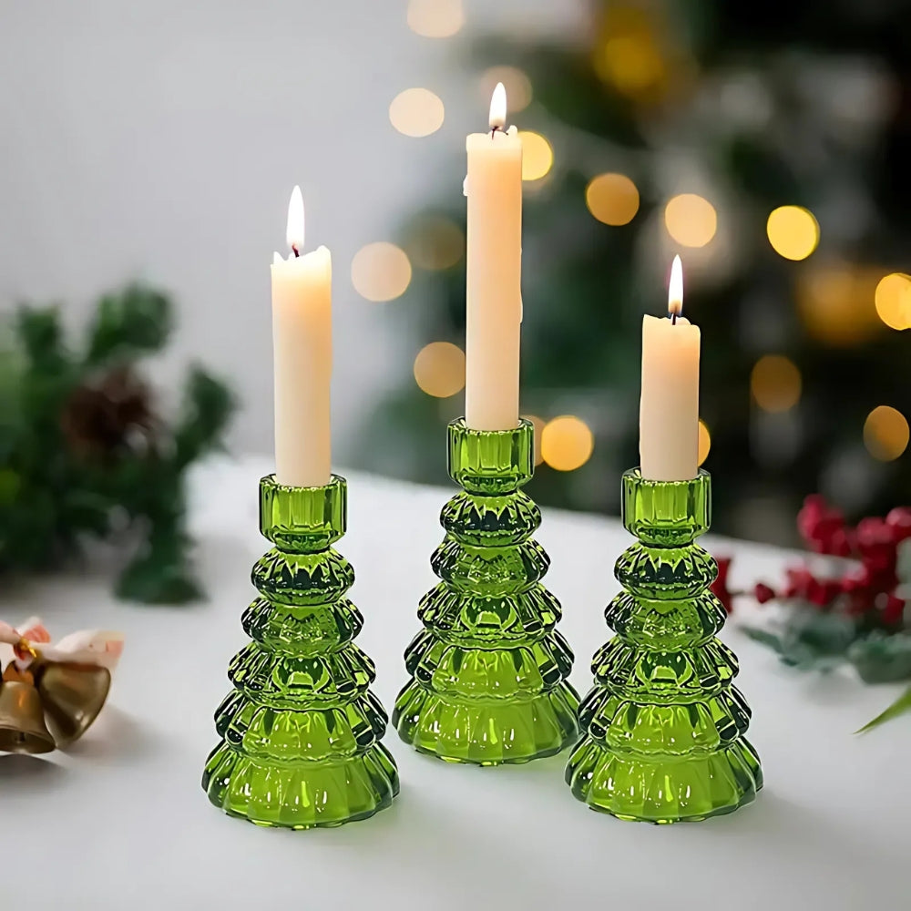 Christmas Tree Glass Candle Holders, Set of 3 Holiday Table Decor — product view 1