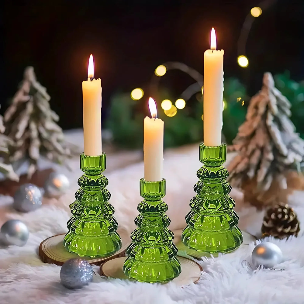 Christmas Tree Glass Candle Holders, Set of 3 Holiday Table Decor — product view 2