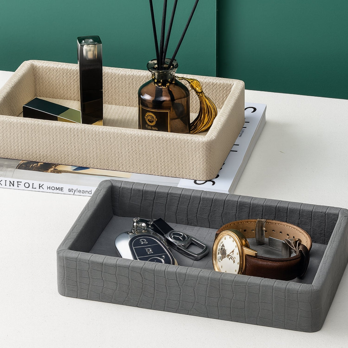 Crocodile-Texture Organizer Tray, Wooden Jewelry and Key Catchall — product view 7