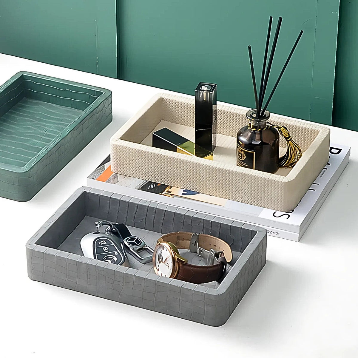 Crocodile-Texture Organizer Tray, Wooden Jewelry and Key Catchall — product view 2