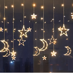 LED Star & Moon Christmas Curtain Lights, Battery-Powered Timer - Style 3 - Outline Moons & Stars, Battery box (3 × AA)