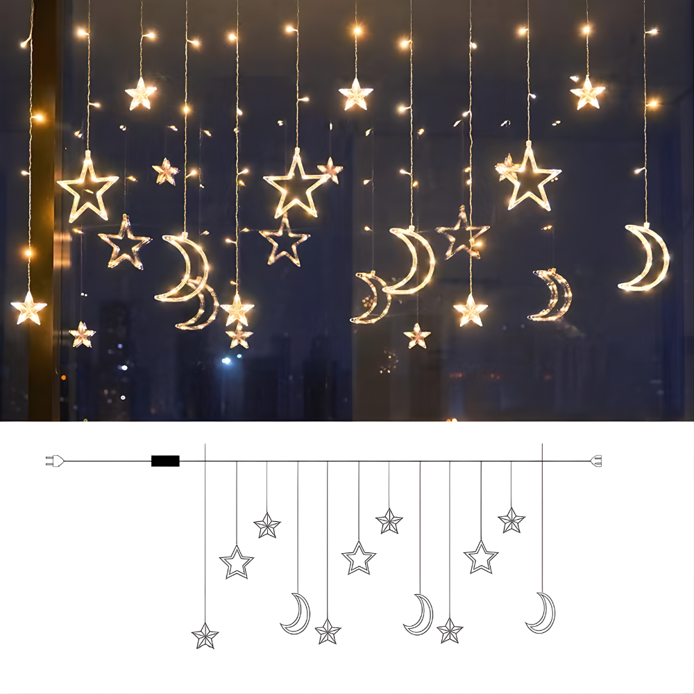 LED Star & Moon Christmas Curtain Lights, Battery-Powered Timer - product view 6