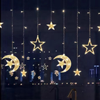 LED Star & Moon Christmas Curtain Lights, Battery-Powered Timer - Style 2 - Filled Moons & Stars, Battery box (3 × AA)