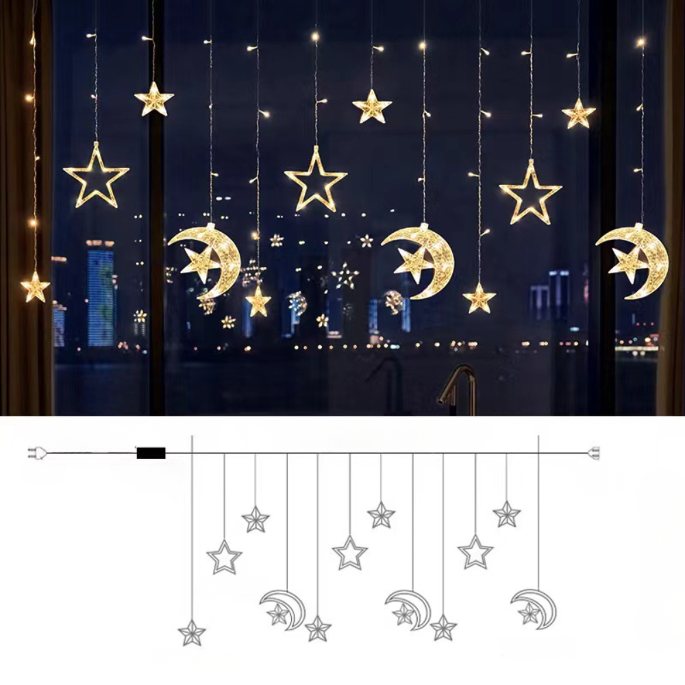 LED Star & Moon Christmas Curtain Lights, Battery-Powered Timer - product view 4