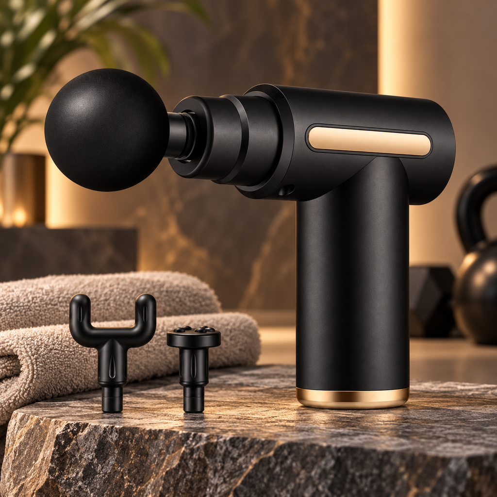 Handheld percussion massage gun for deep tissue muscle recovery