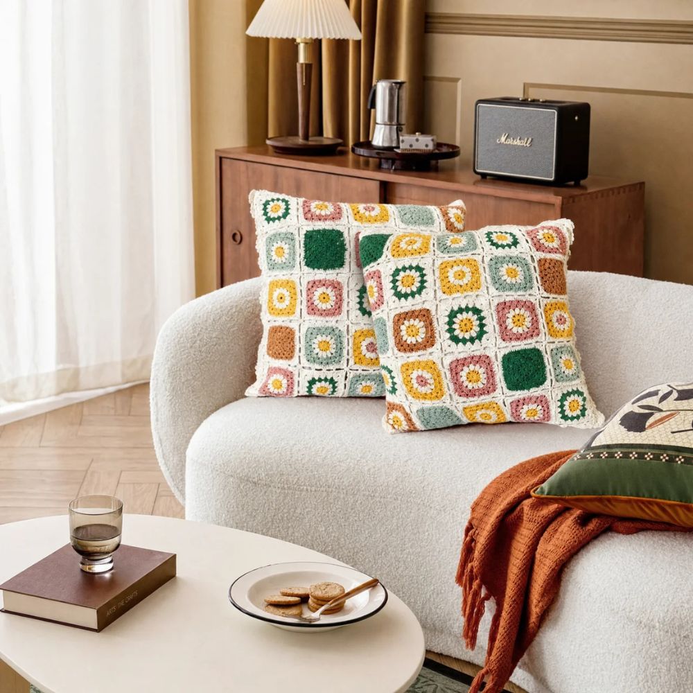 Floral Crochet Throw Pillow Cover, Multicolor Boho Cushion Cover — product view 1