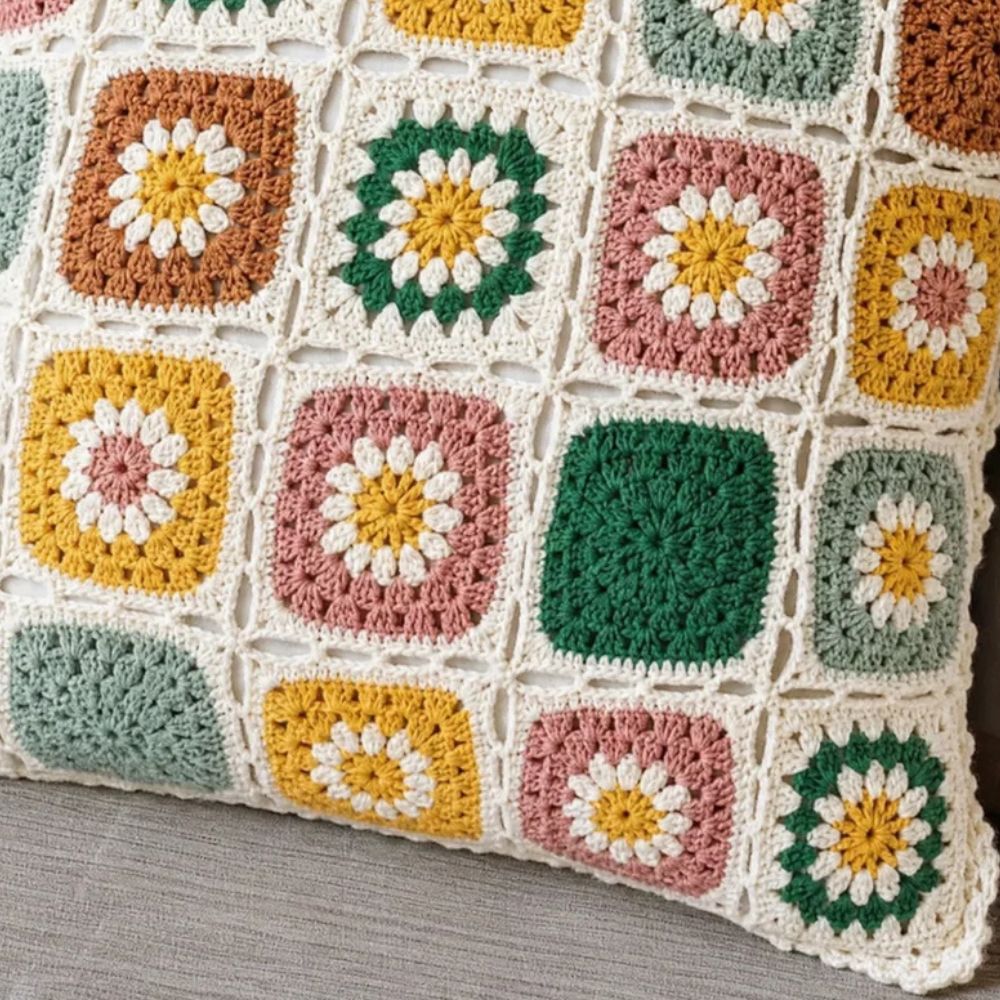 Floral Crochet Throw Pillow Cover, Multicolor Boho Cushion Cover — product view 2
