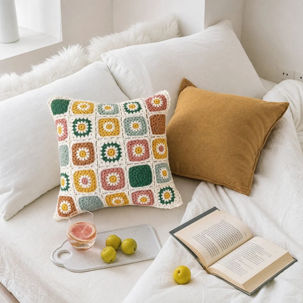 Floral Crochet Throw Pillow Cover, Multicolor Boho Cushion Cover — product view 3