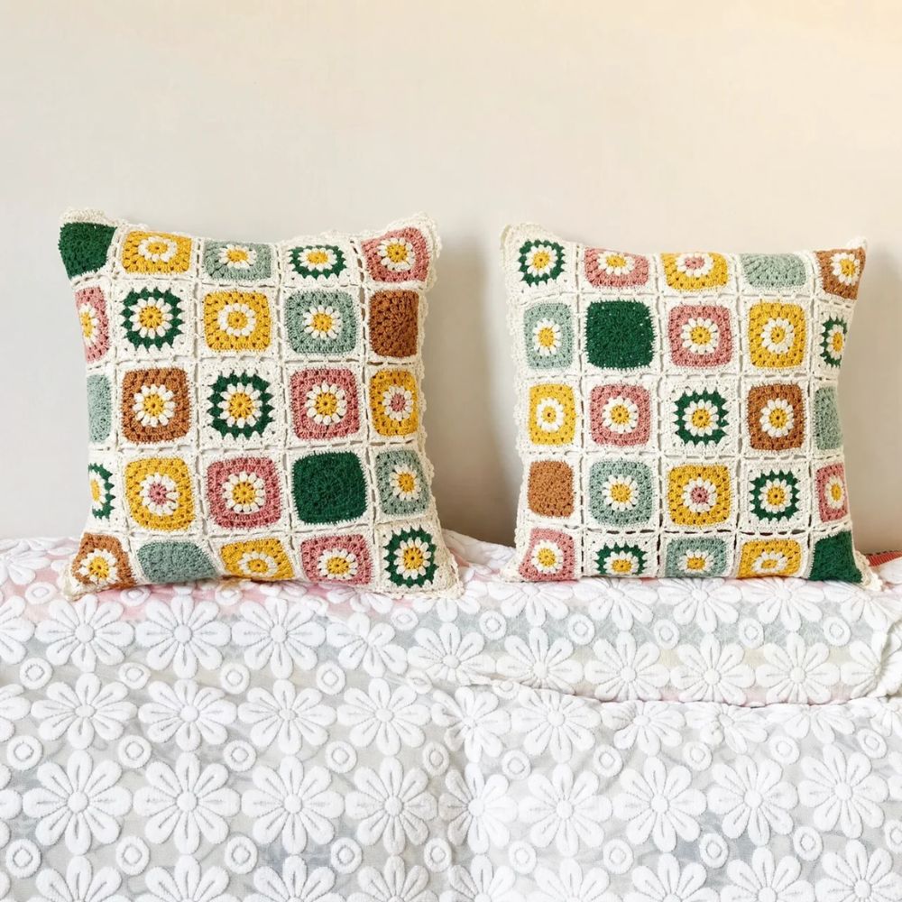 Floral Crochet Throw Pillow Cover, Multicolor Boho Cushion Cover — product view 5