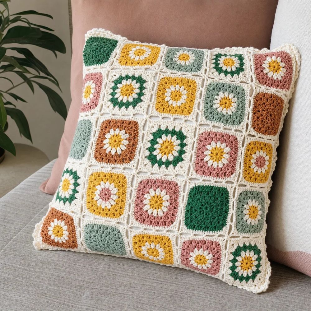 Floral Crochet Throw Pillow Cover, Multicolor Boho Cushion Cover — product view 4
