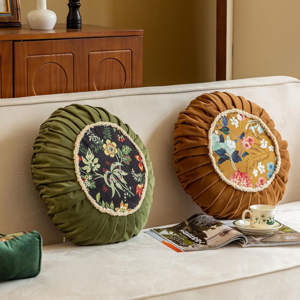 Round Floral Cushion, 18-Inch Velvet-Style Decorative Pillow — product view 4