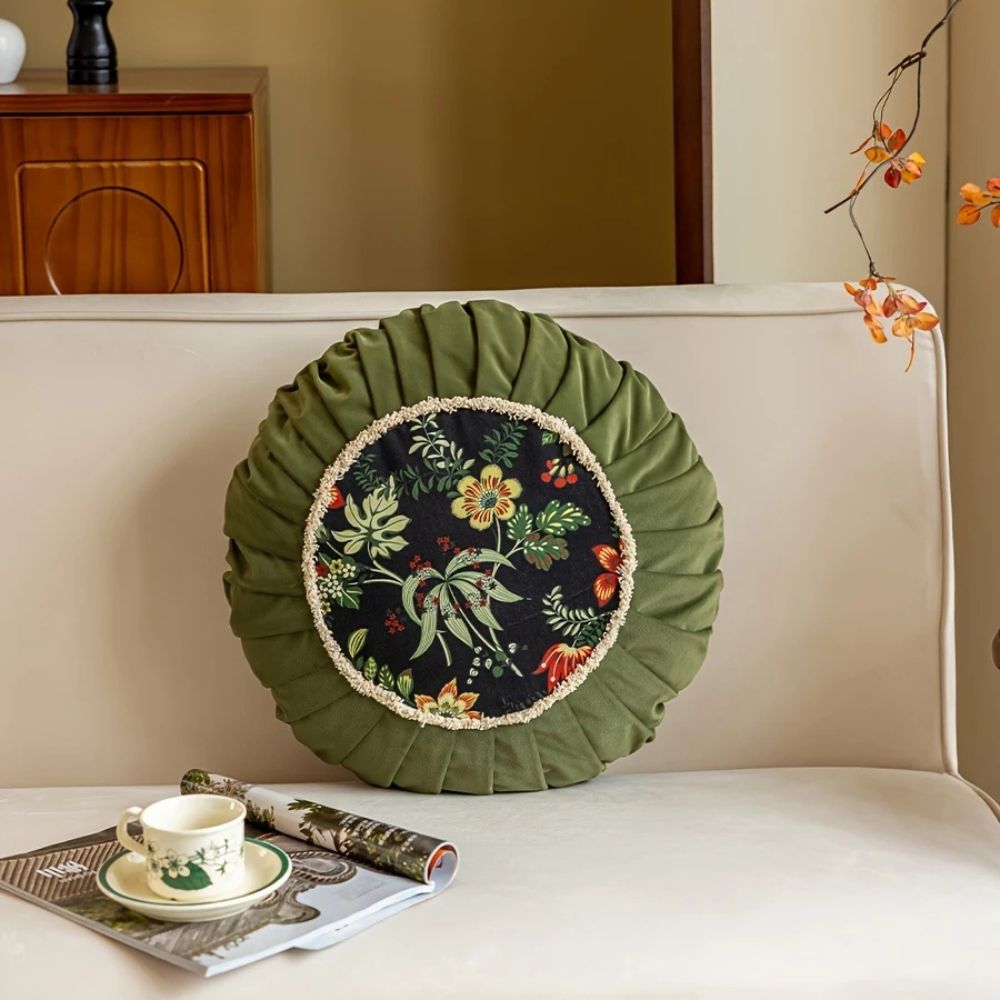 Round Floral Cushion, 18-Inch Velvet-Style Decorative Pillow — product view 1