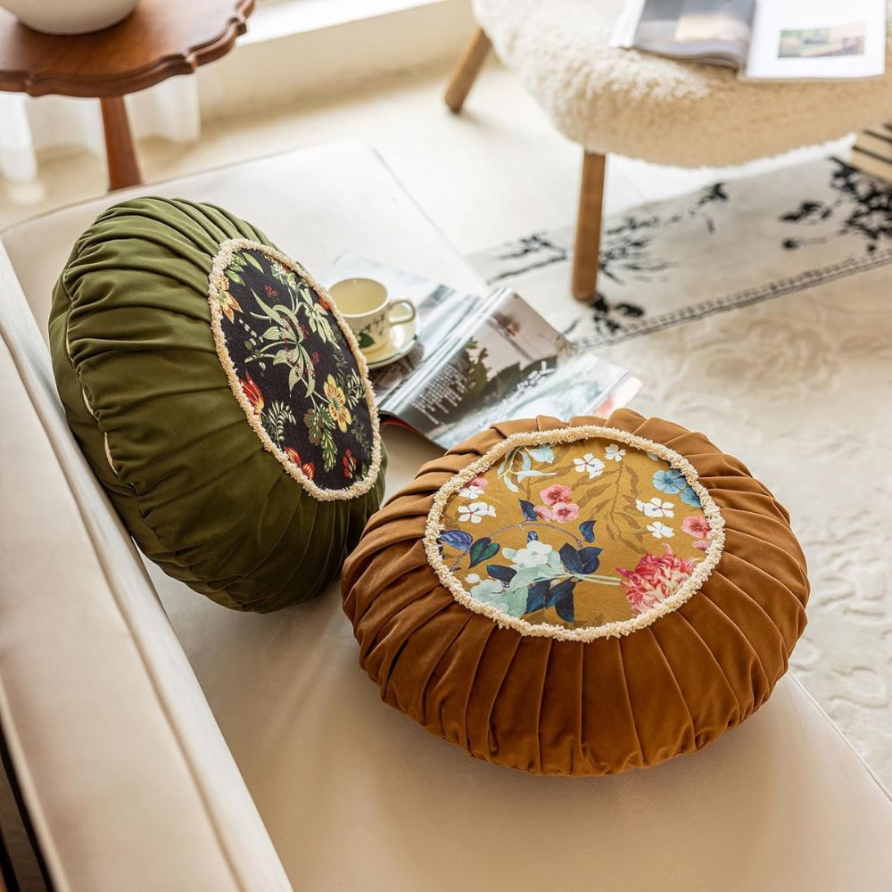 Round Floral Cushion, 18-Inch Velvet-Style Decorative Pillow — product view 7