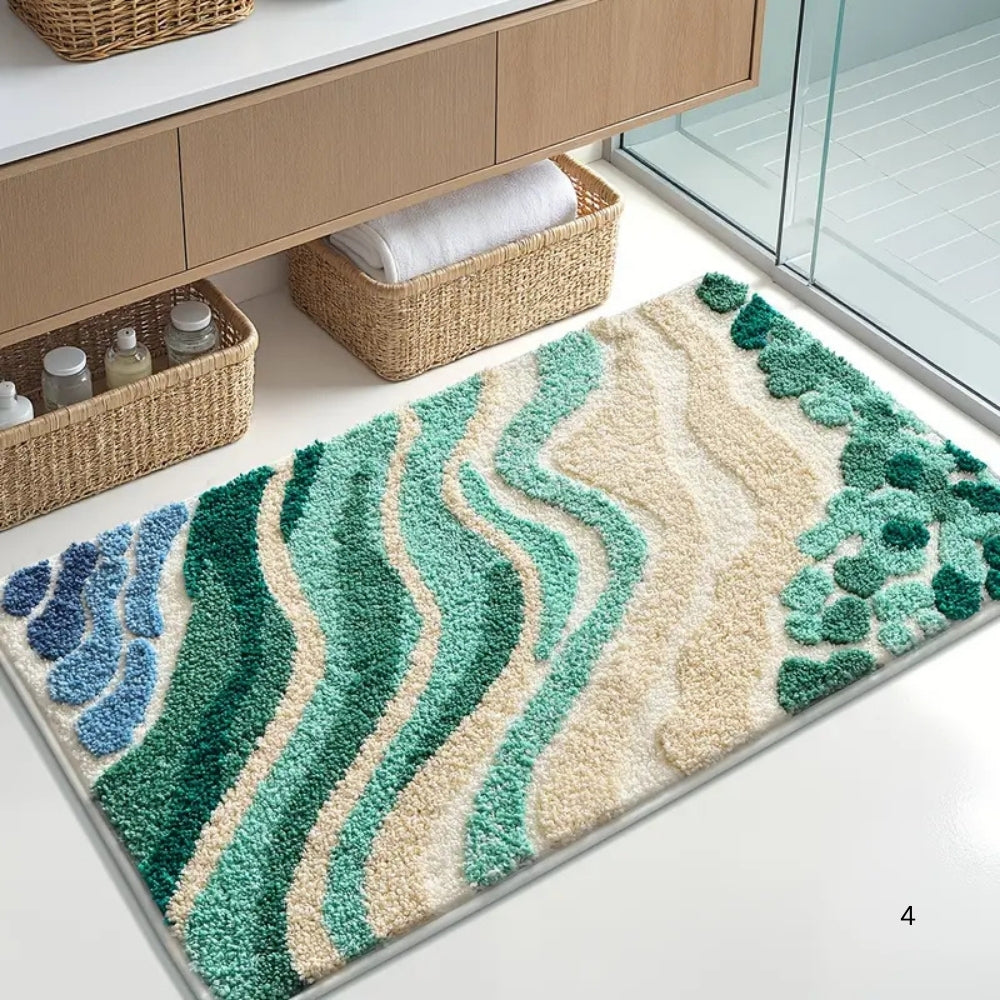 Coastal Wave Bath Mat, Absorbent Non-Slip Microfiber Bathroom Rug — product view 2