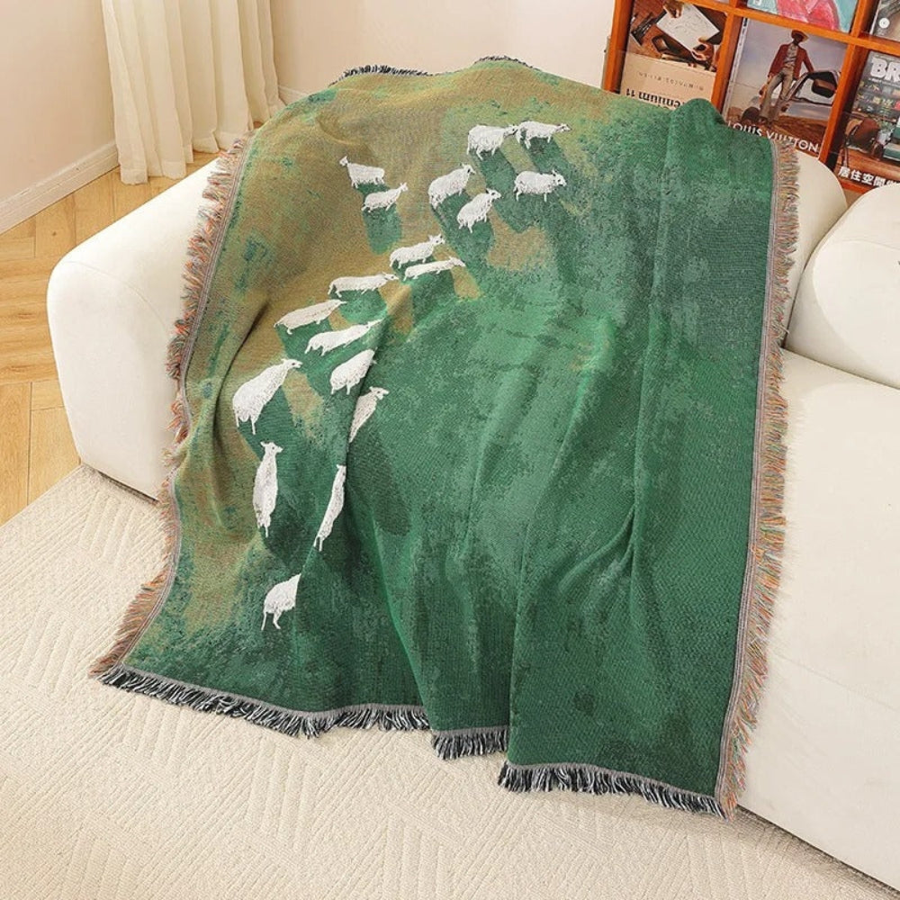 Sheep Pattern Woven Throw Blanket, Green Tassel Sofa and Bed Throw — product view 2