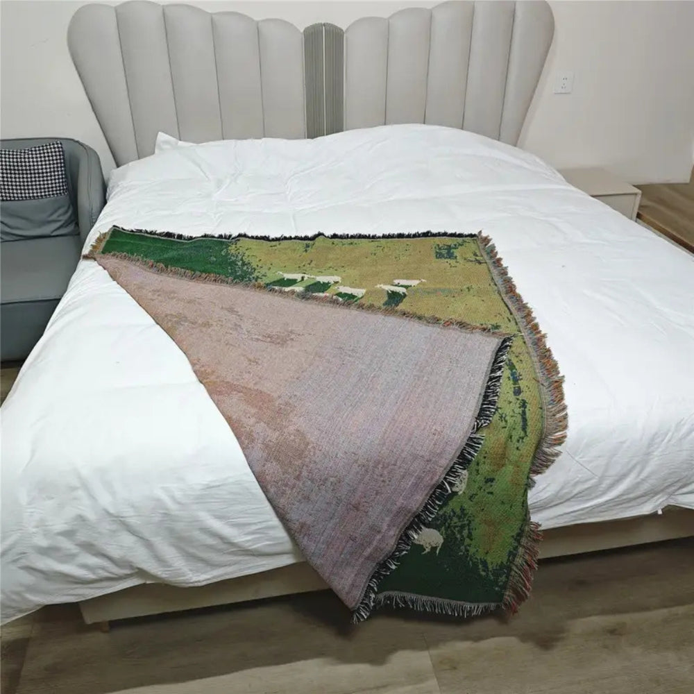 Sheep Pattern Woven Throw Blanket, Green Tassel Sofa and Bed Throw — product view 6
