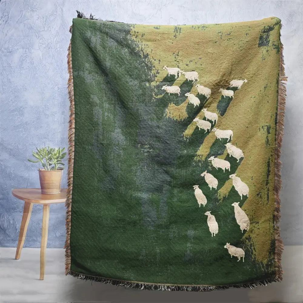 Sheep Pattern Woven Throw Blanket, Green Tassel Sofa and Bed Throw — product view 3