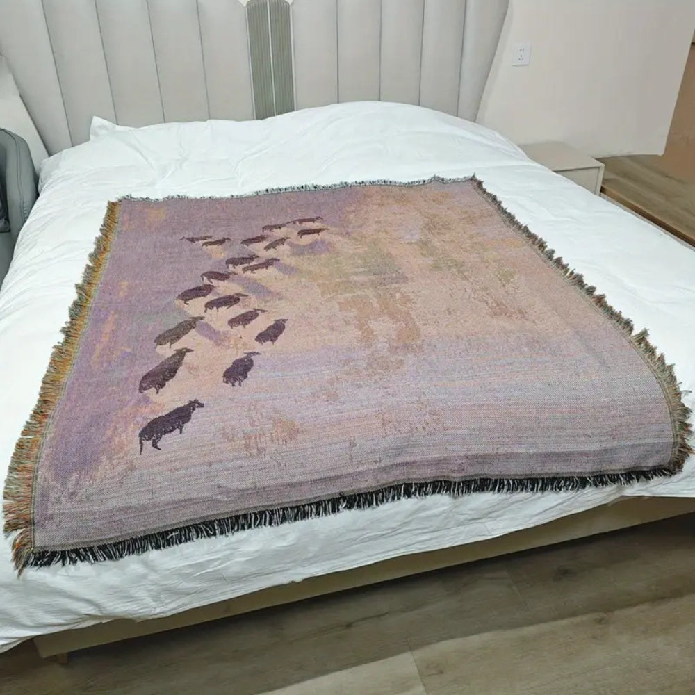 Sheep Pattern Woven Throw Blanket, Green Tassel Sofa and Bed Throw — product view 5