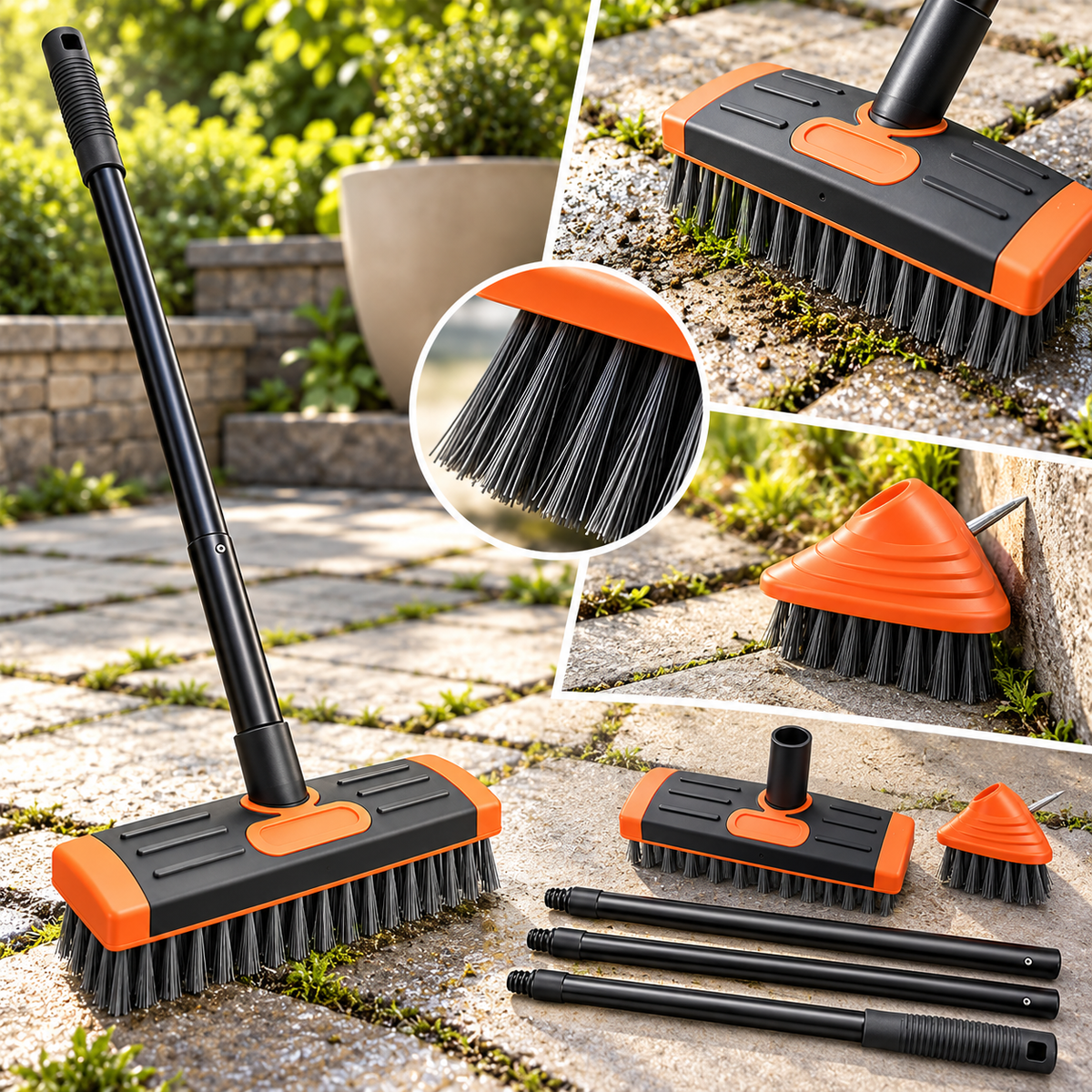 Patio joint and weed brush set with adjustable long handle