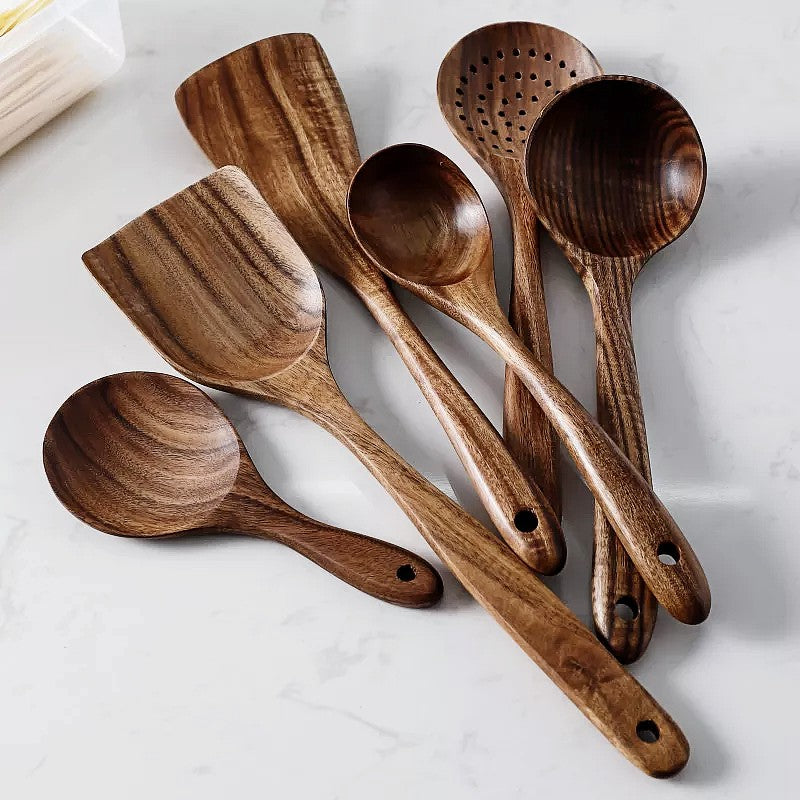 SacredHut | NordTeak 7-piece kitchen helper set – premium teak wood tools for stylish and versatile cooking