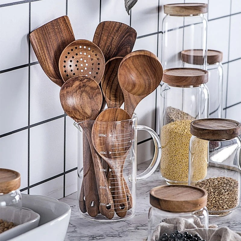 SacredHut | NordTeak 7-piece kitchen helper set – premium teak wood tools for stylish and versatile cooking