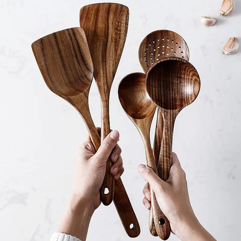 SacredHut | NordTeak 7-piece kitchen helper set – premium teak wood tools for stylish and versatile cooking
